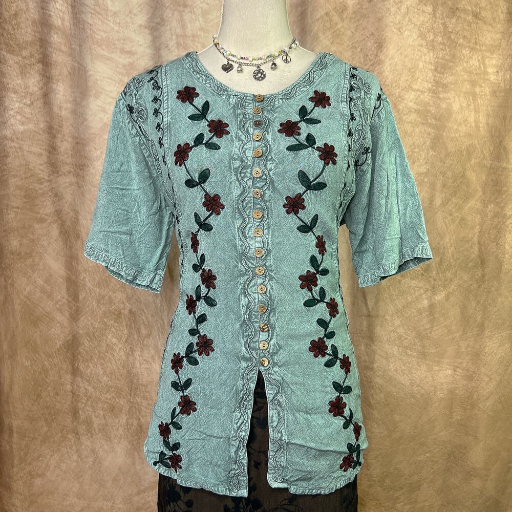 Floral Embroidered Boho Top Button Up Blouse Patchwork Blue Vintage 90s Earthy